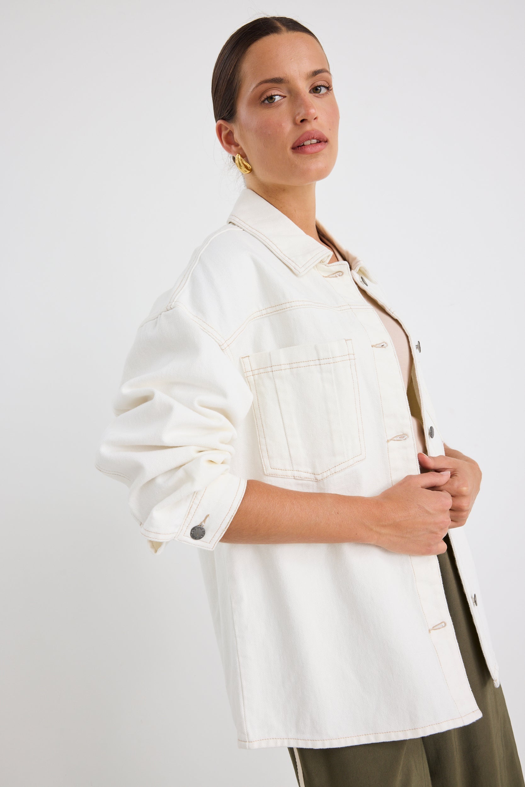 Outback Soft Ivory Relaxed Patch Pocket Denim Shacket