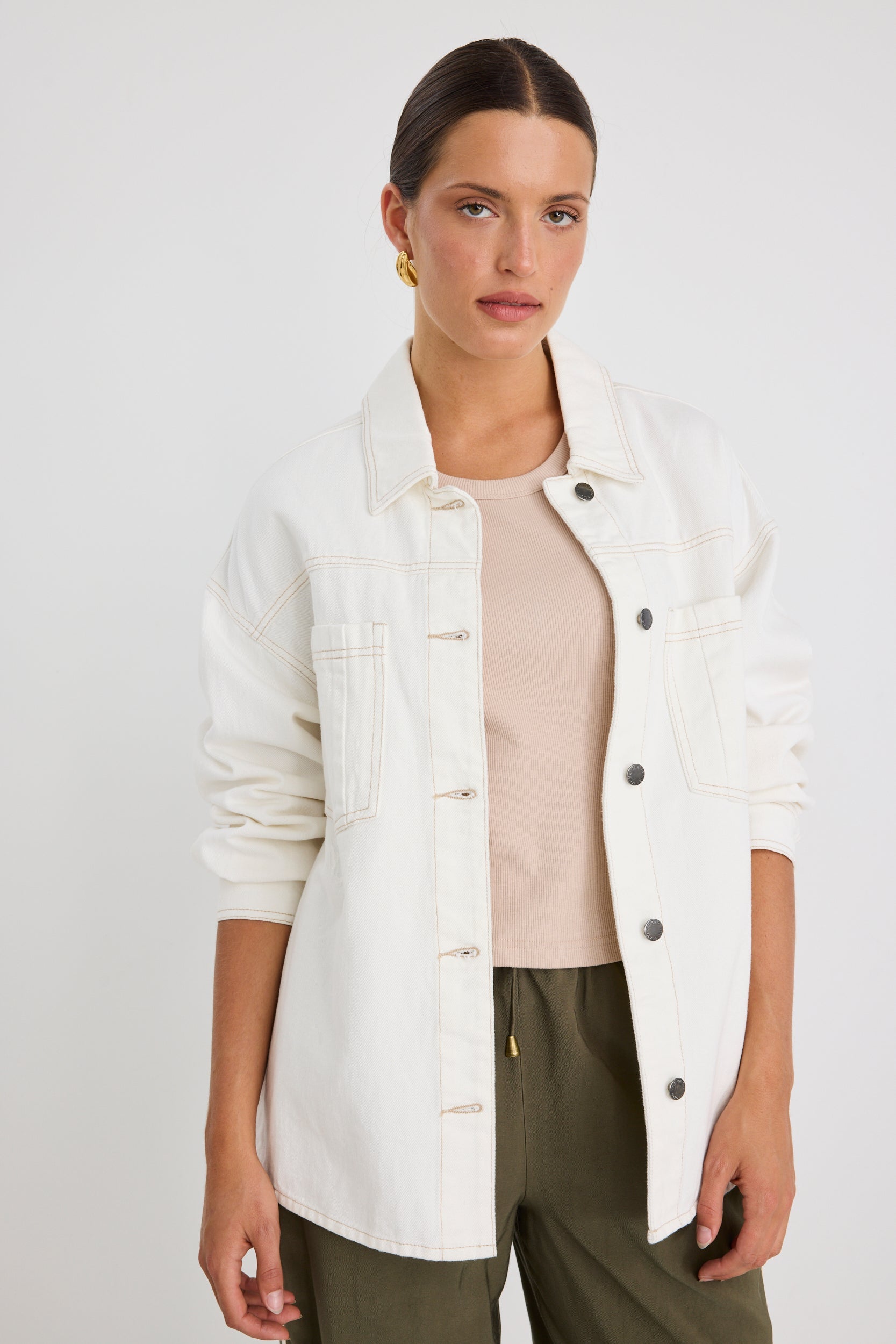 Outback Soft Ivory Relaxed Patch Pocket Denim Shacket