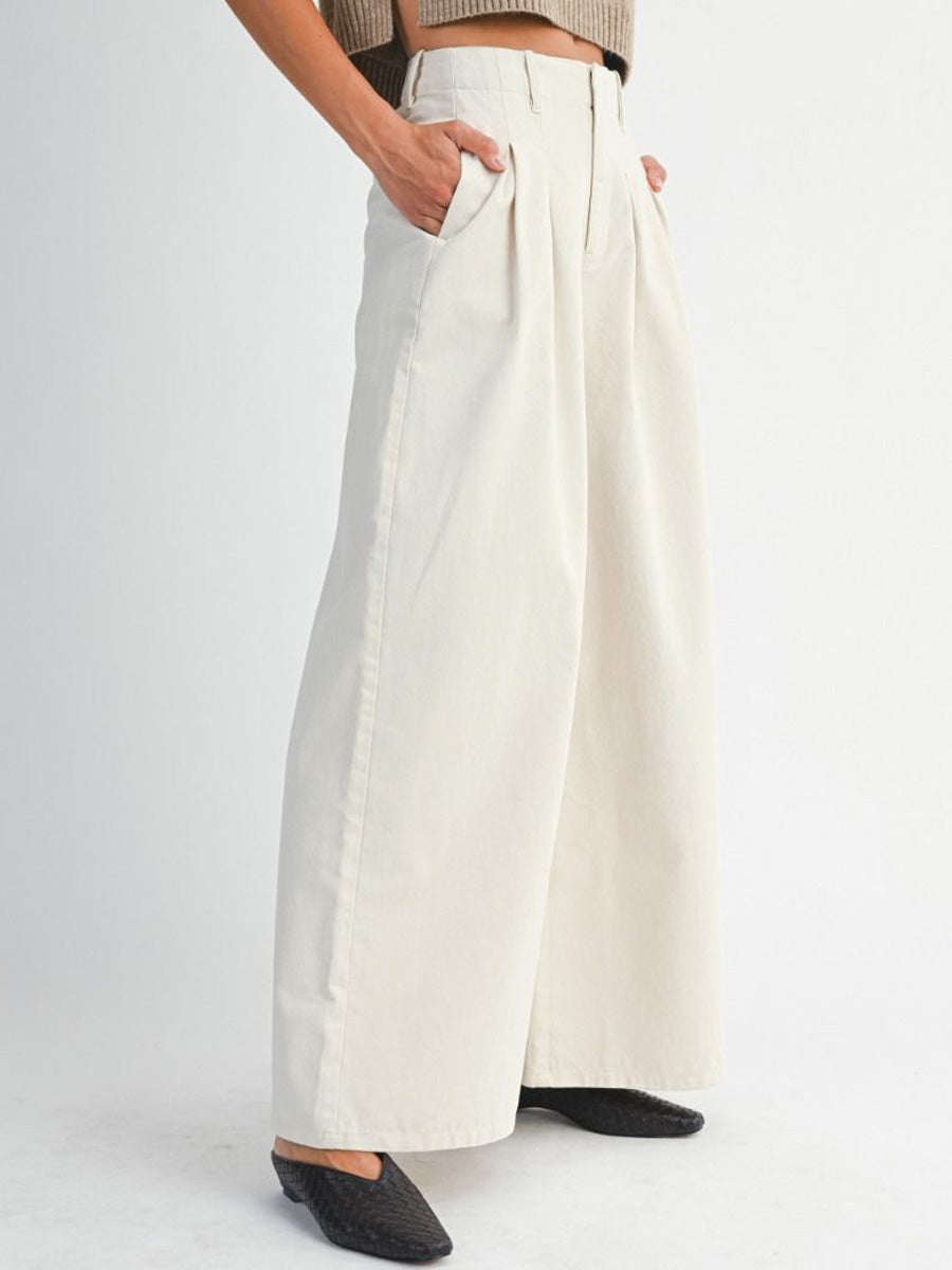 PLEATED WASHED TWILL WIDE LEG PANTS - ECRU