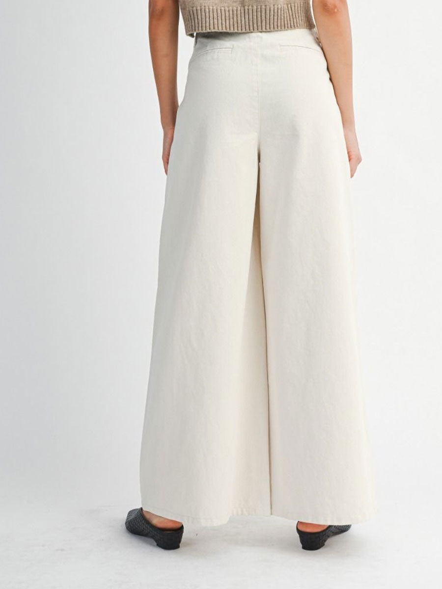 PLEATED WASHED TWILL WIDE LEG PANTS - ECRU