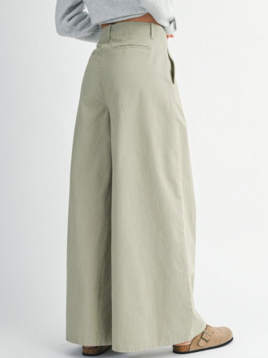 PLEATED WASHED TWILL WIDE LEG PANTS - LIGHT OLIVE