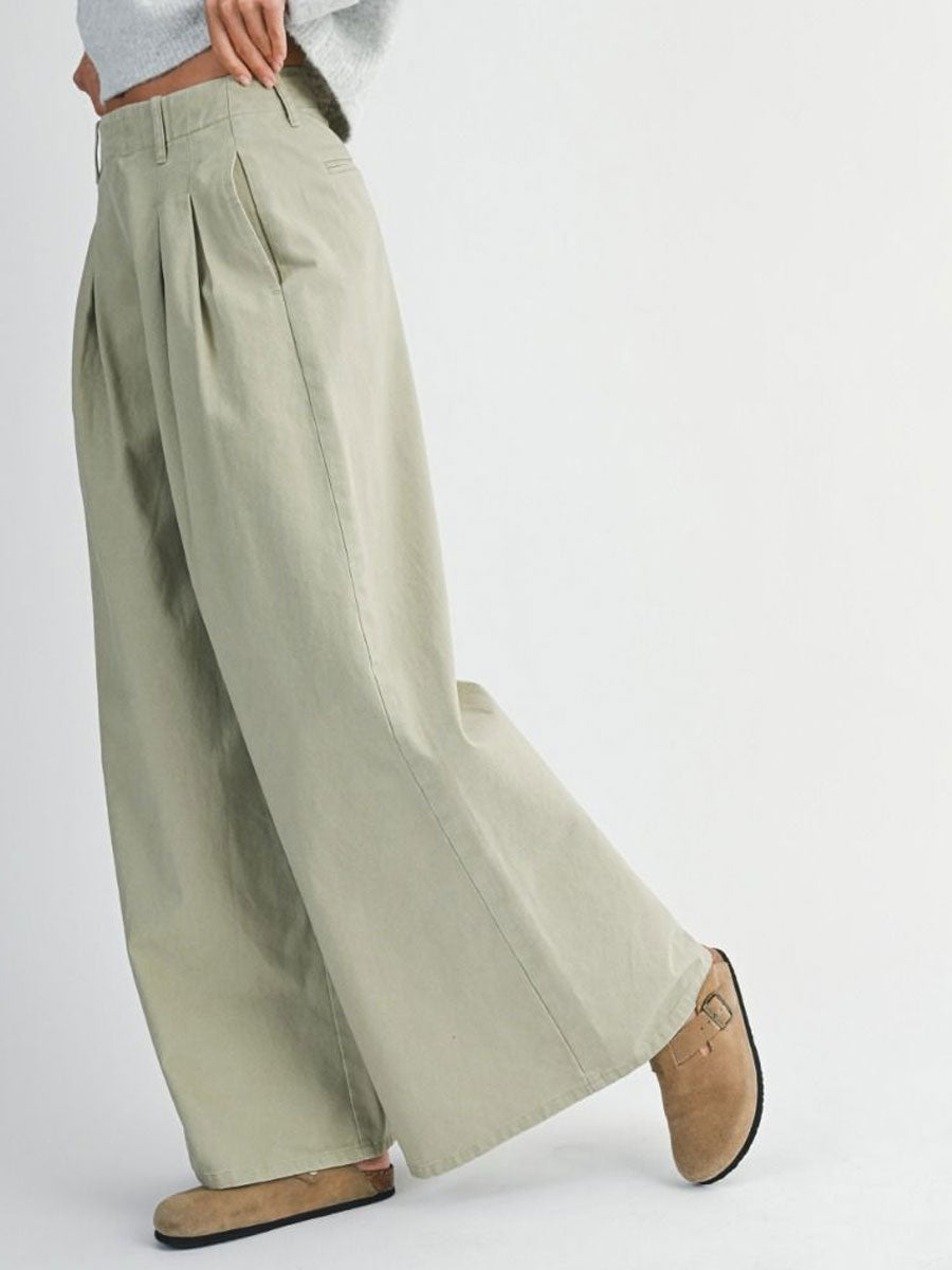 PLEATED WASHED TWILL WIDE LEG PANTS - LIGHT OLIVE