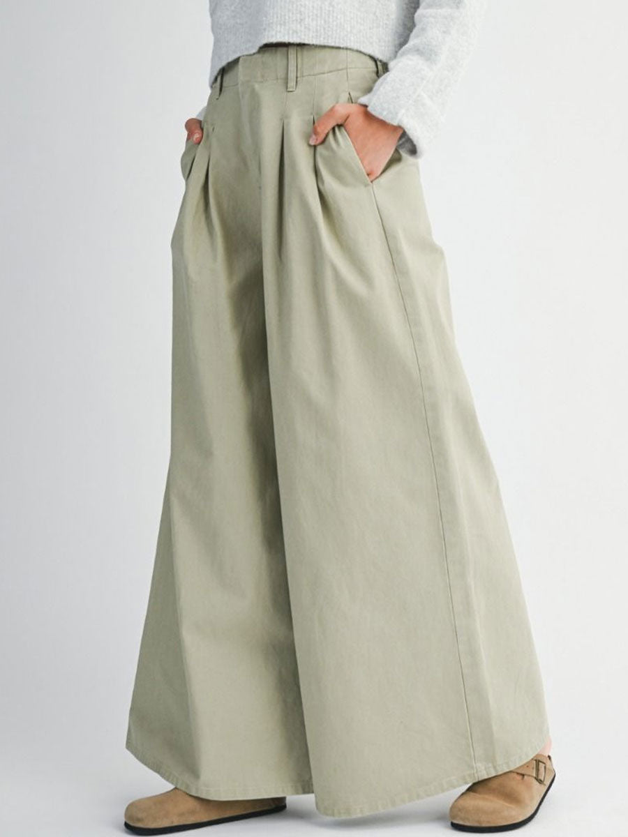 PLEATED WASHED TWILL WIDE LEG PANTS - LIGHT OLIVE