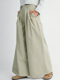PLEATED WASHED TWILL WIDE LEG PANTS - LIGHT OLIVE